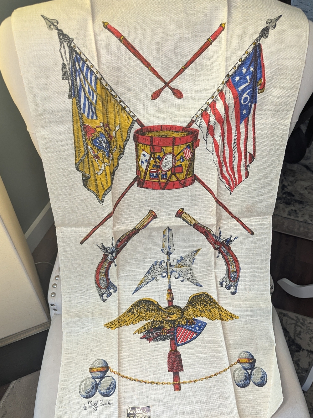 Vintage 1960's Kay Dee Patriotic Drum & Eagle Linen Tea Panel - Red, Gold, Blue